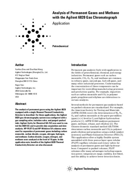 Analysis of Permanent Gases and Methane with the Agilent 6820 Gas 